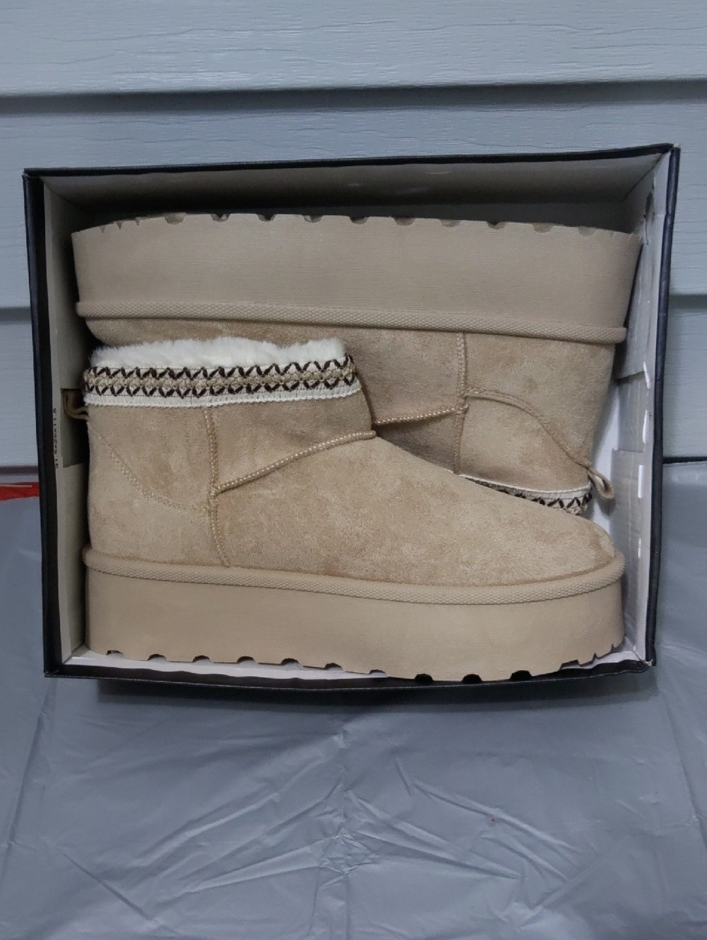 Women's Beige Suede Platform Winter Ankle Boots with Shearling Trim